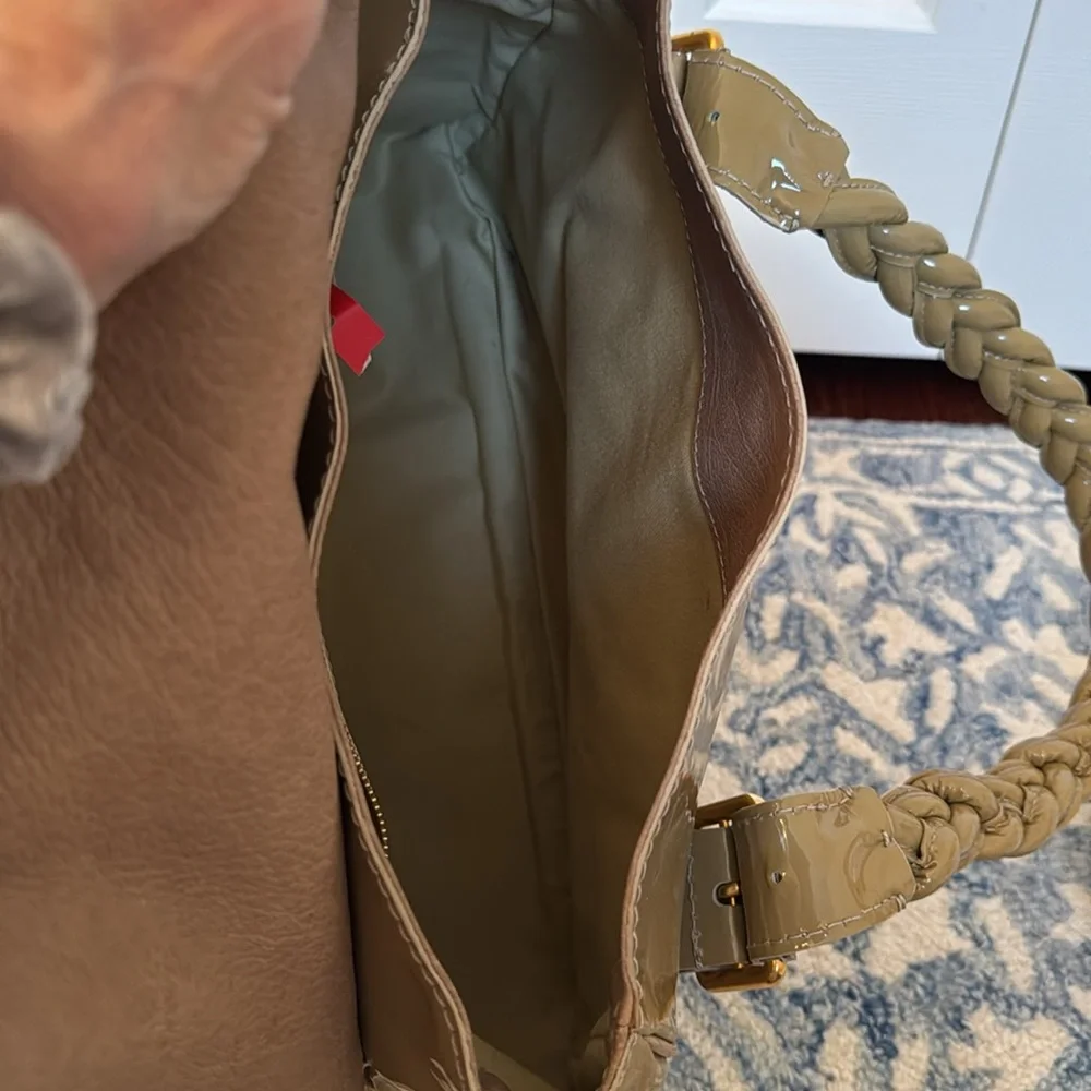 Valentino Garavani Camel Brown Braided-Handle Patent Satchel - Picture 8 of 13